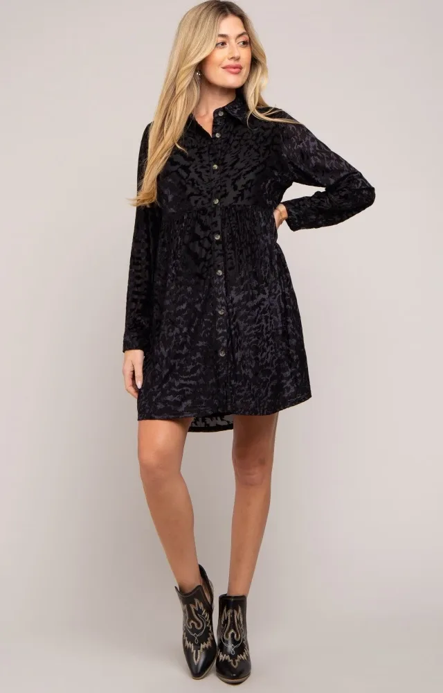 Black Burnout Velvet Maternity Button Up Dress