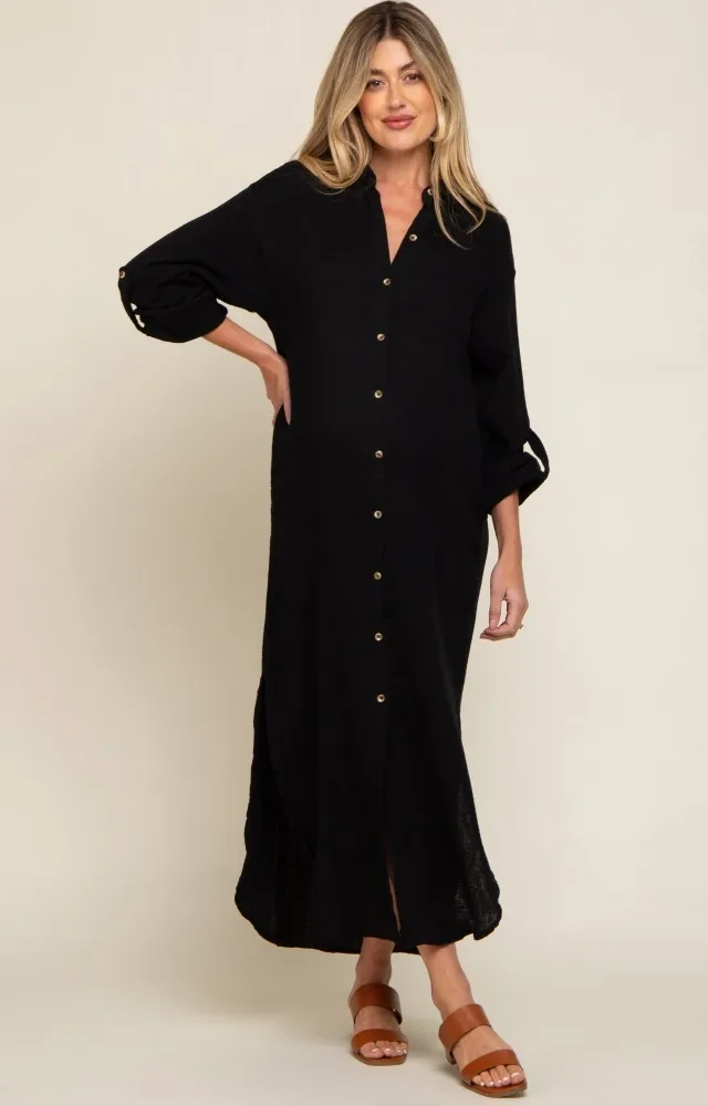 Black Button Down 3/4 Sleeve Maternity Midi Dress