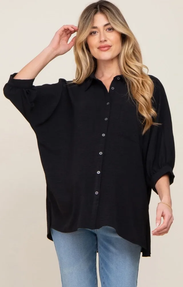 Black Button Down 3/4 Sleeve Maternity Top