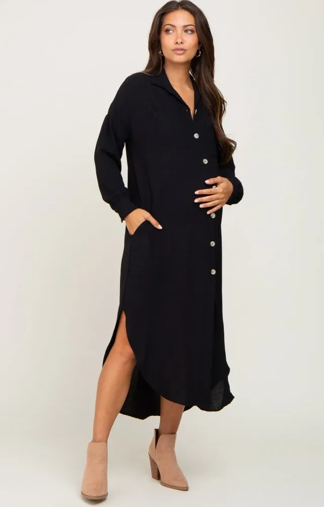 Black Button Down Front Pocket Maternity Midi Dress