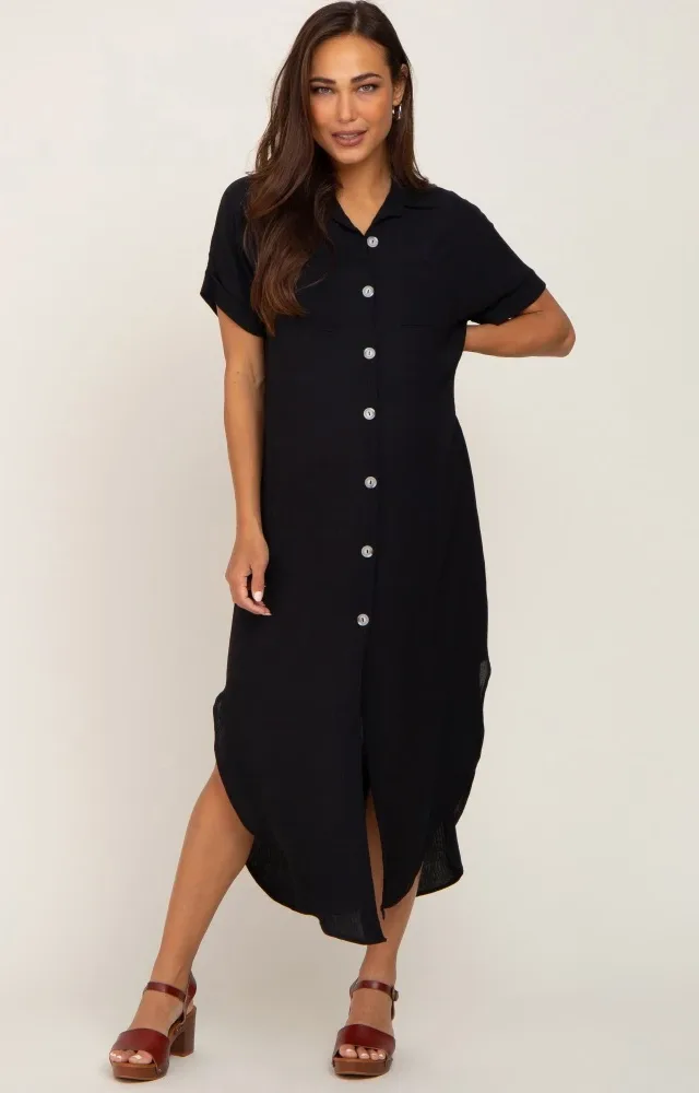 Black Button Down Hi Low Maternity Maxi Dress