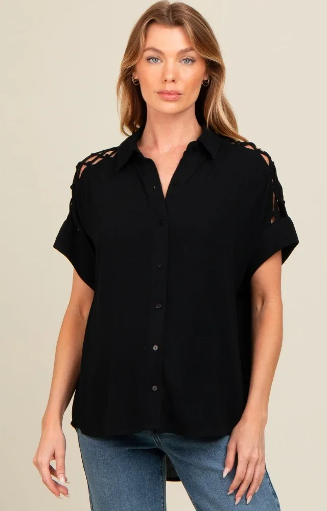 Black Button Down Lace-Up Shoulder Maternity Top