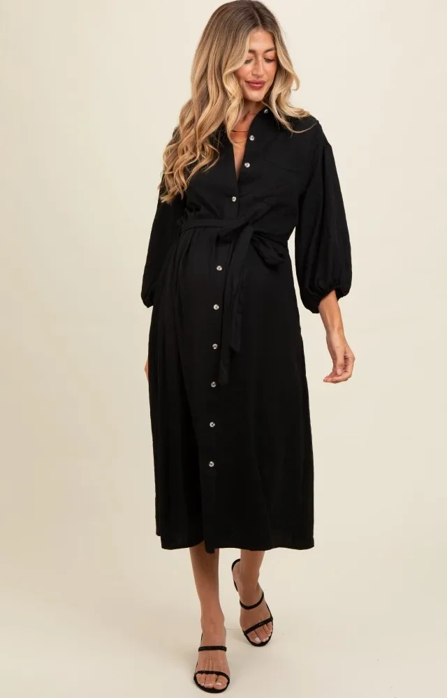 Black Button Down Maternity Midi Dress