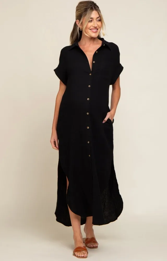 Black Button Down Maternity Midi Dress