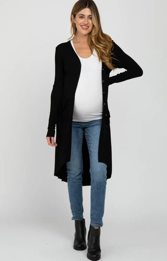 Black Button Front Knit Maternity Cardigan