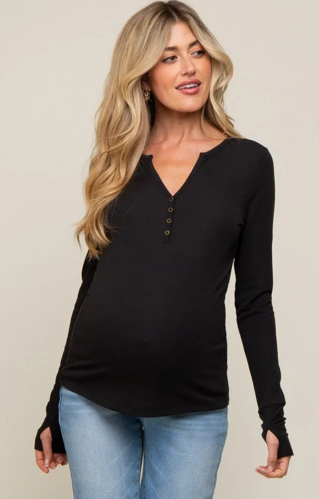 Black Button Front Long Sleeve Maternity Top