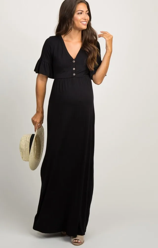 Black Button Ruffle Sleeve Maternity Dress