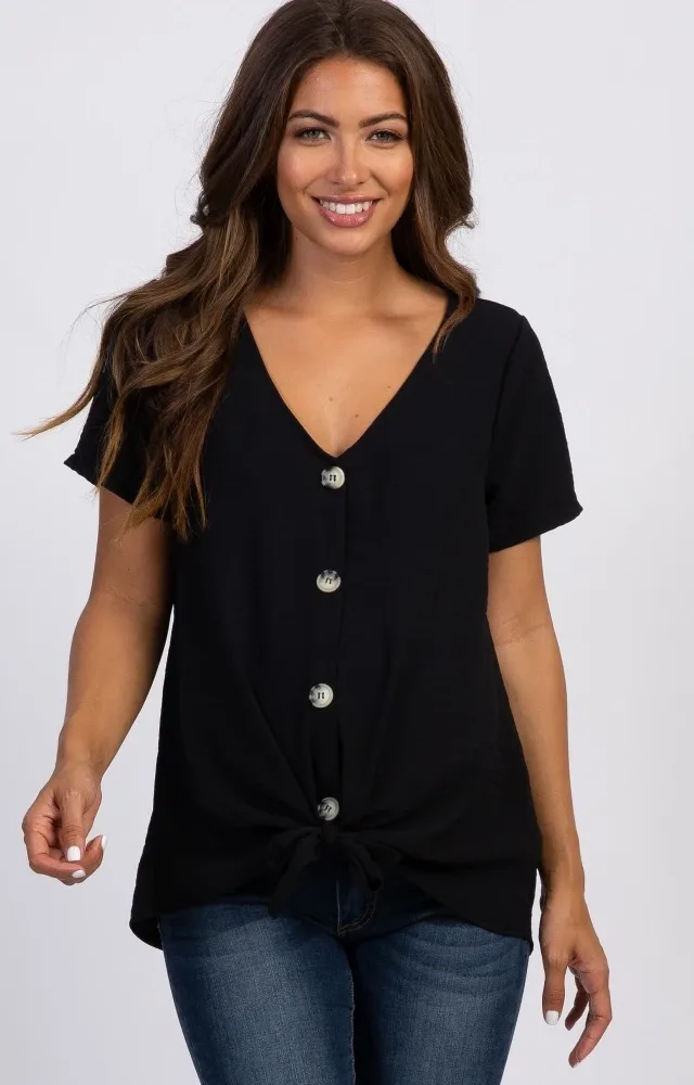 Black Button Tie Front Maternity Top