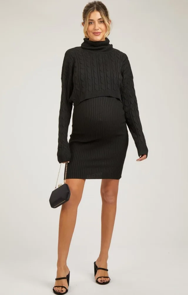 Black Cable Knit Crop Sweater Maternity Dress Set