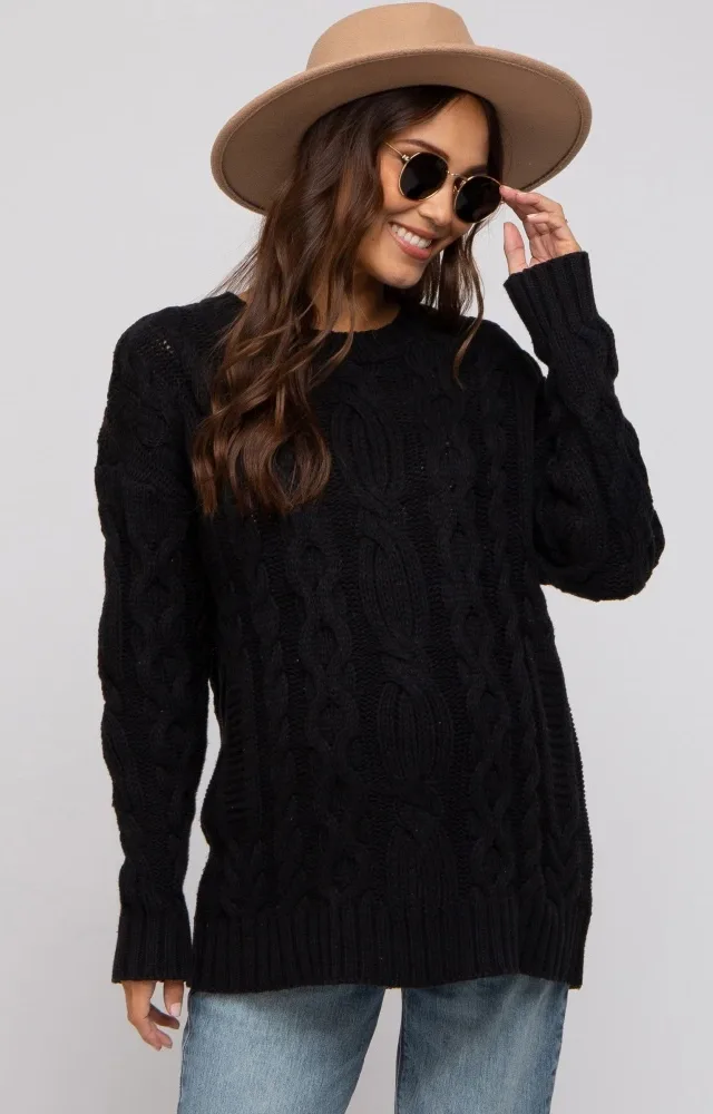 Black Chunky Cable Knit Maternity Sweater