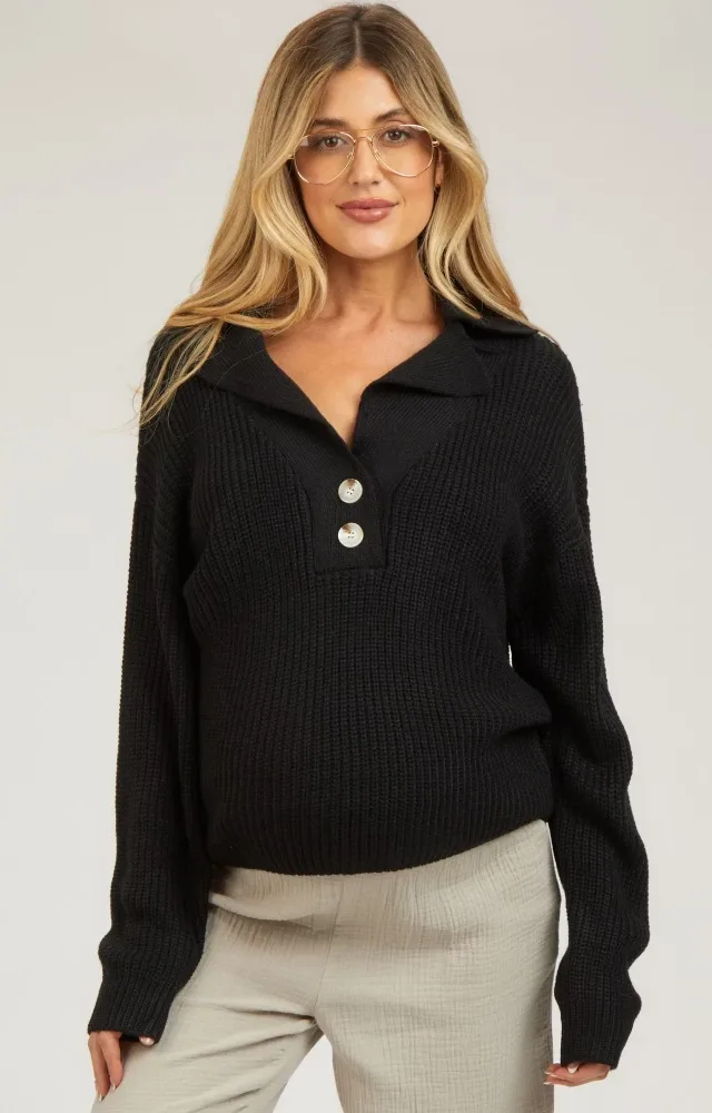 Black Chunky Knit Front Button Maternity Sweater