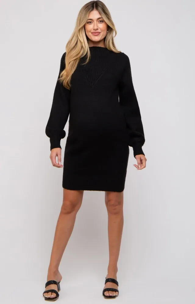 Black Chunky Knit Maternity Sweater Dress