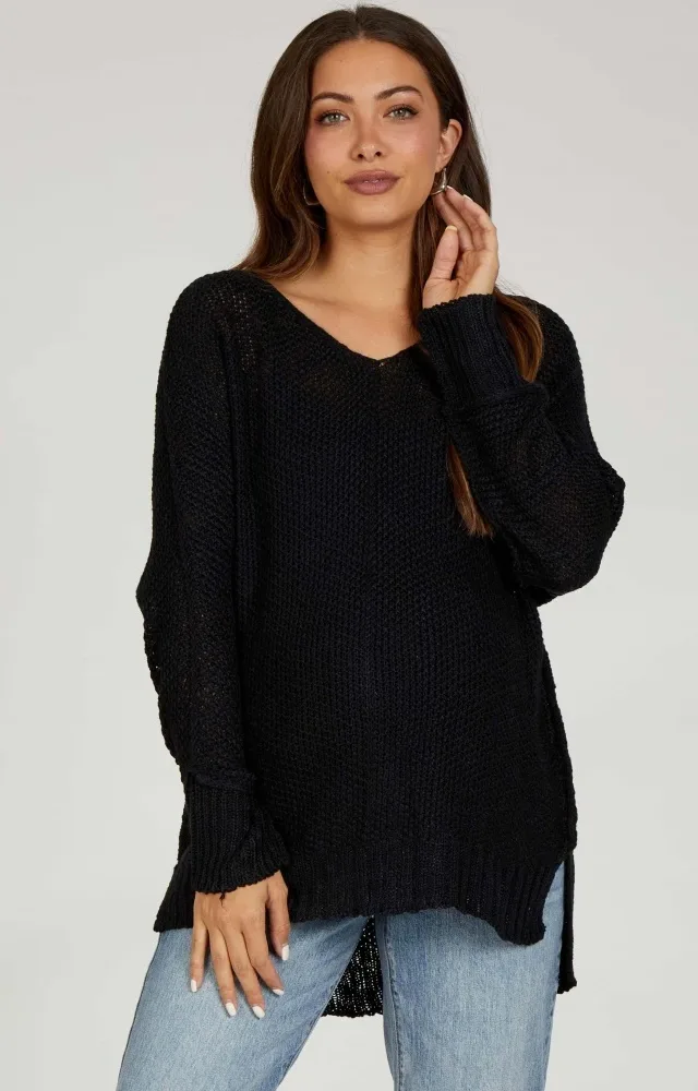 Black Chunky Knit Side Slit Maternity Sweater