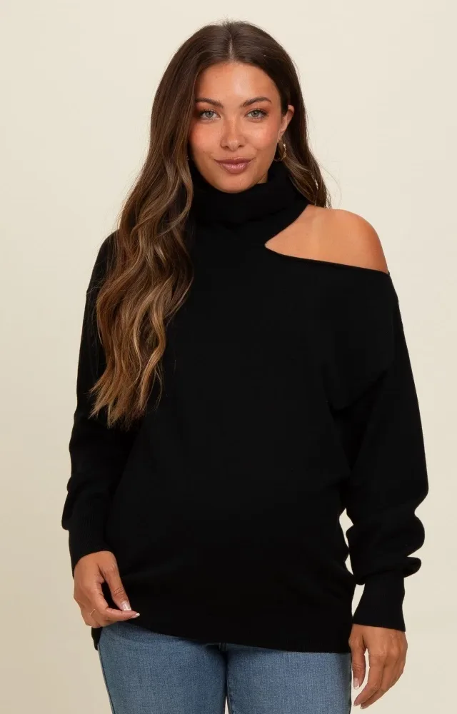 Black Cold Shoulder Turtle Neck Maternity Sweater