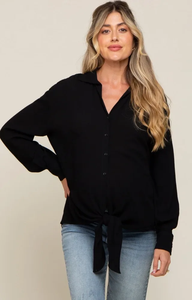 Black Collared Button Down Knotted Maternity Shirt