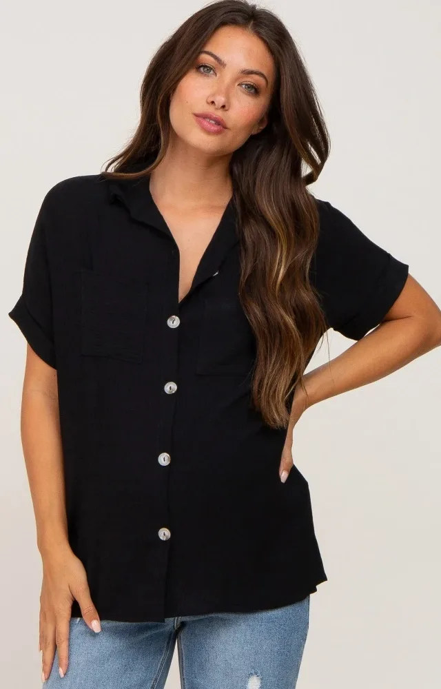 Black Collared Button-Down Maternity Blouse