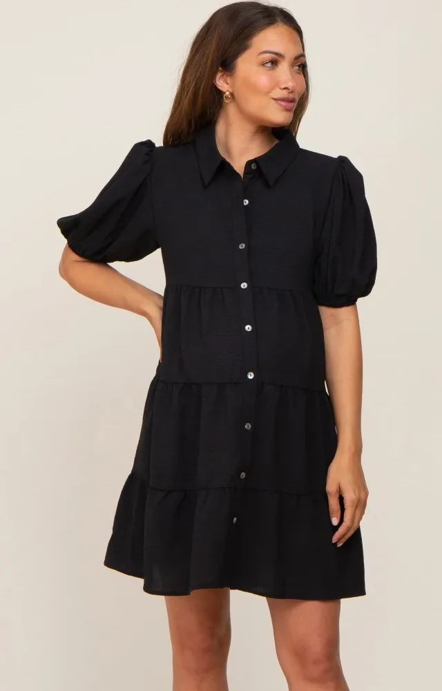 Black Collared Button Front Tiered Maternity Dress