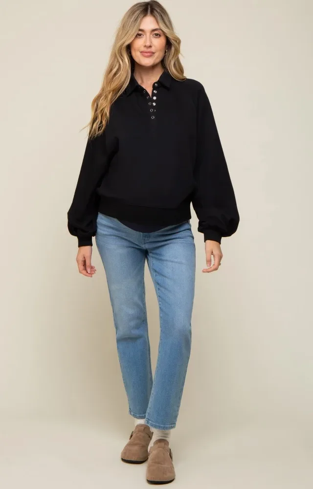 Black Collared Button Maternity Pullover