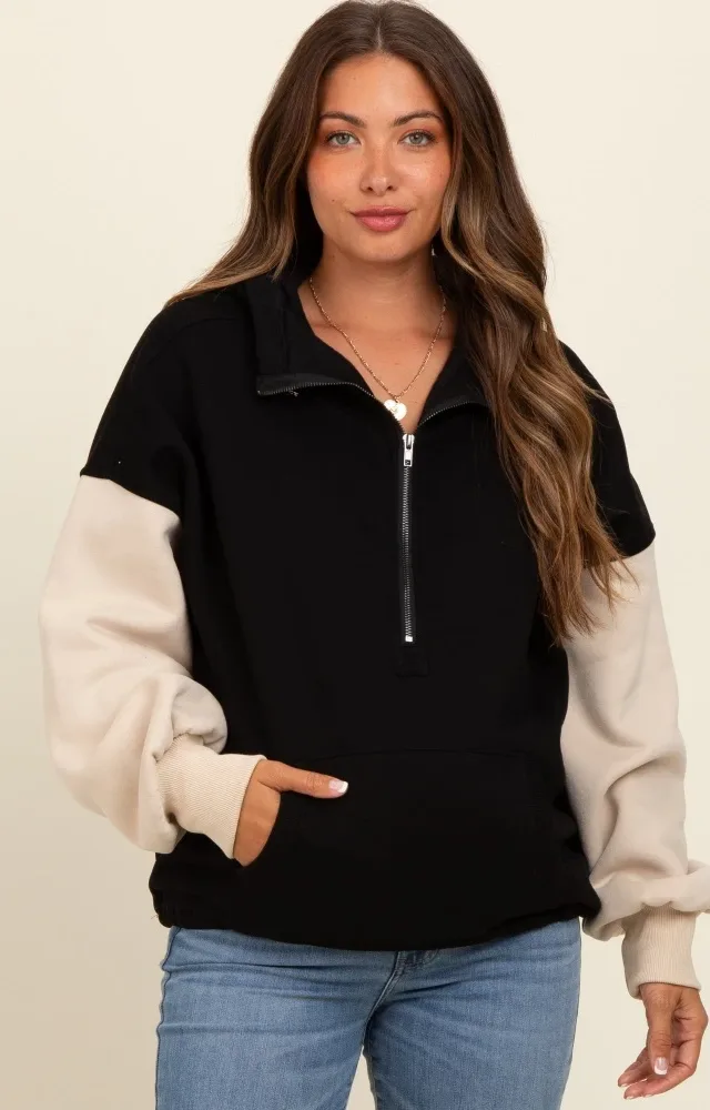 Black Coloblock Half Zip Maternity Hoodie