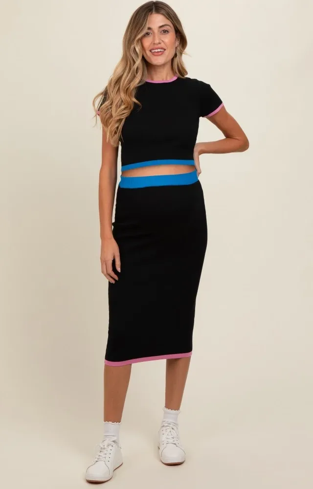 Black Colorblock Crop Top And Skirt Maternity Set