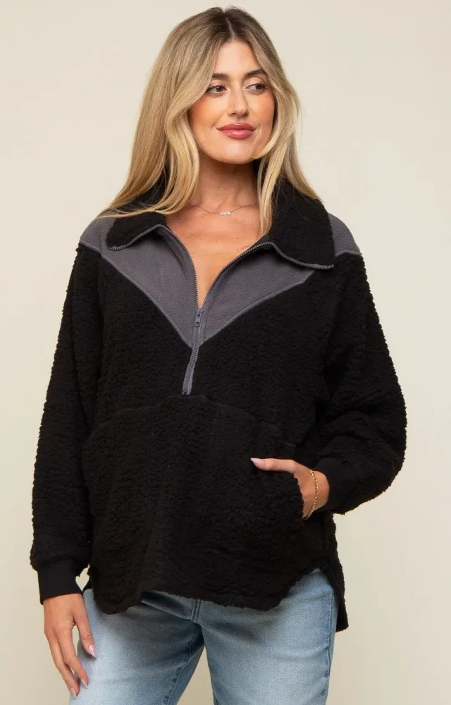 Black Colorblock Half Zip Fleece Maternity Pullover