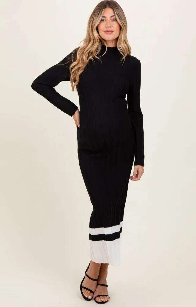 Black Colorblock Hem Mock Neck Maternity Sweater Dress