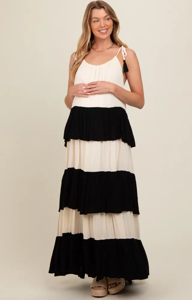 Black Colorblock Tiered Maternity Maxi Dress