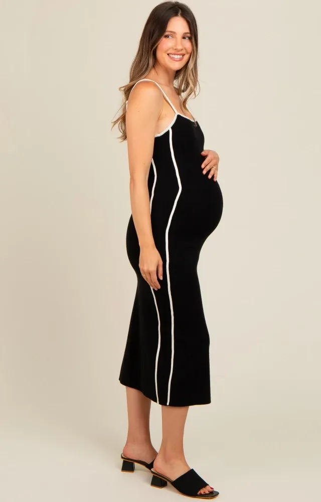 Black Contrast Border Knit Maternity Midi Dress