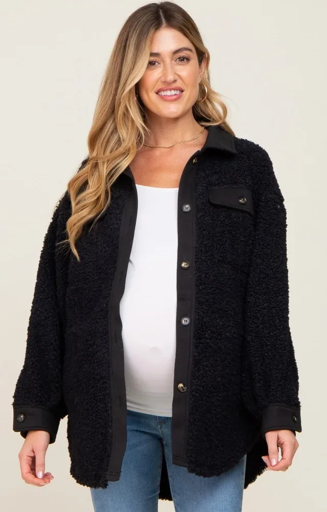 Black Contrast Oversized Sherpa Maternity Coat