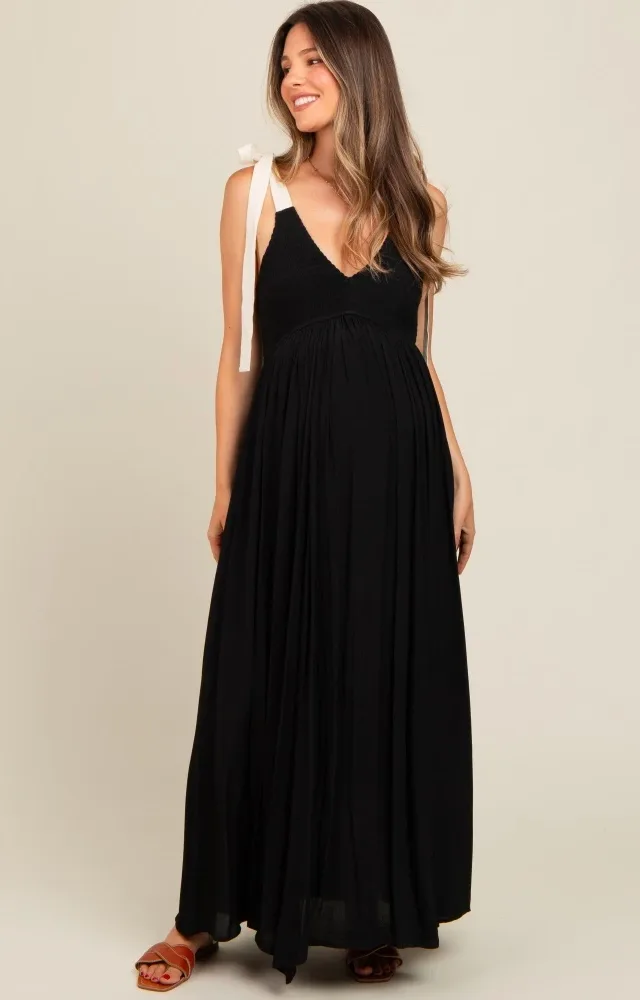 Black Contrast Shoulder Tie Smocked Maternity Maxi Dress