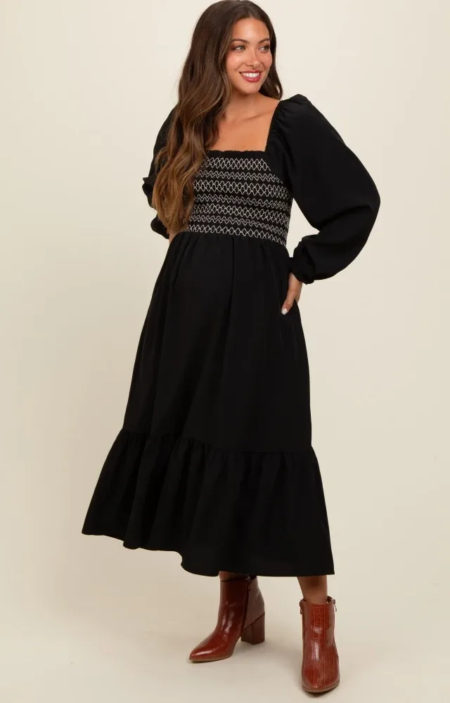 Black Contrast Smocked Balloon Sleeve Maternity Midi Dress