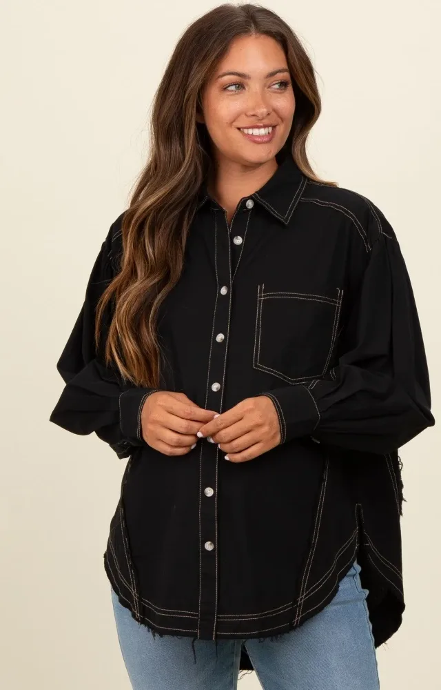 Black Contrast Stitch Button Up Collared Long Sleeve Maternity Top