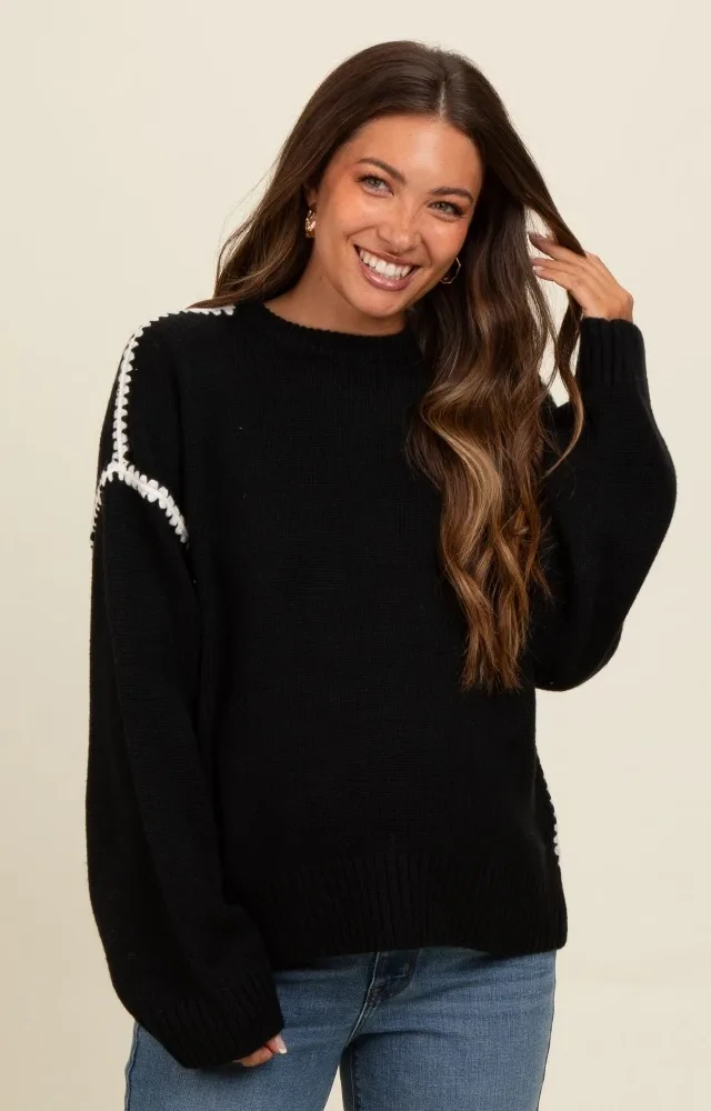 Black Contrast Stitch Maternity Sweater