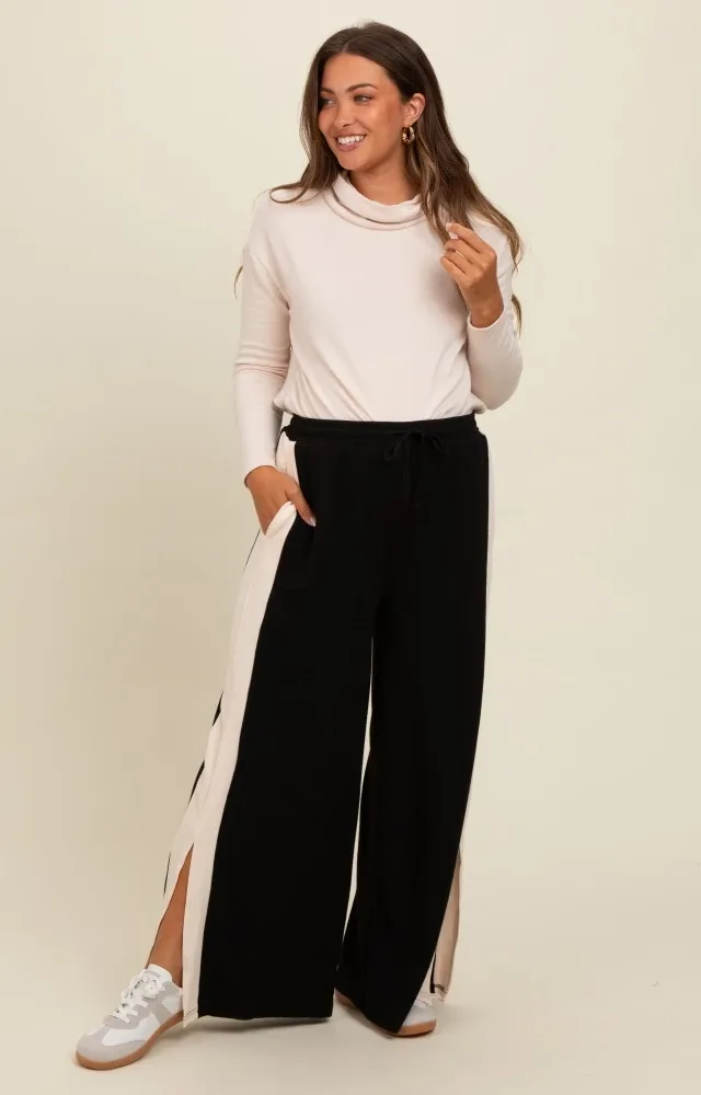 Black Contrast Stripe Side Slit Maternity Pants