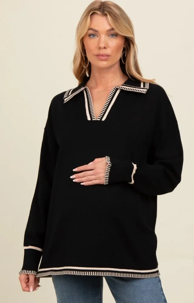 Black Contrast Trim Collared Maternity Sweater