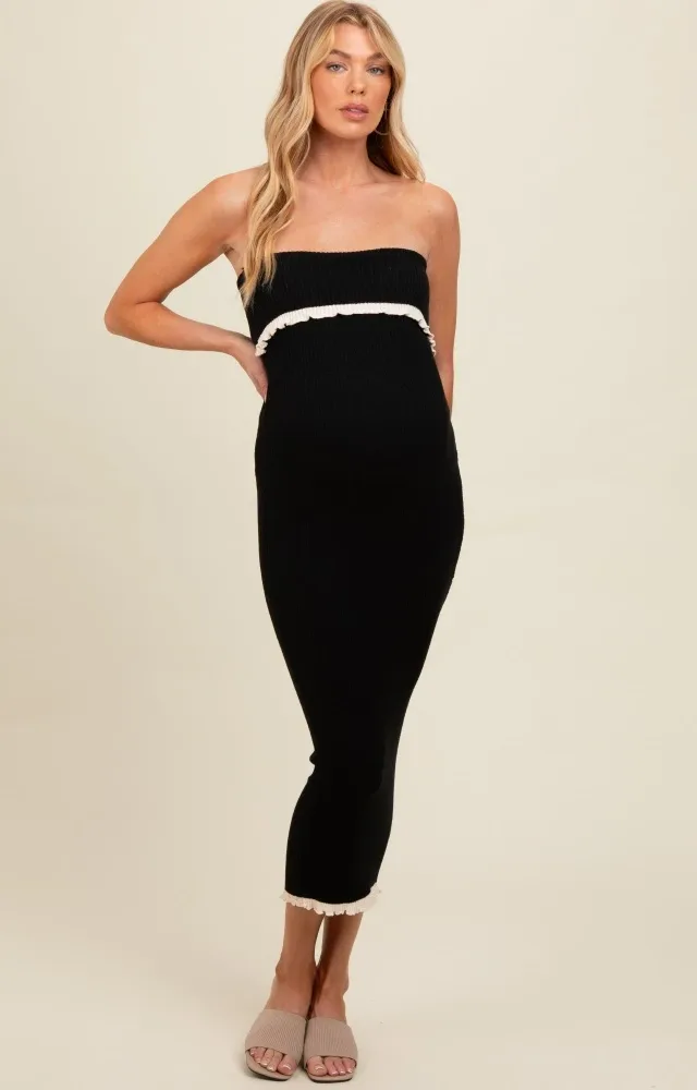 Black Contrast Trim Maternity Strapless Knit Dress