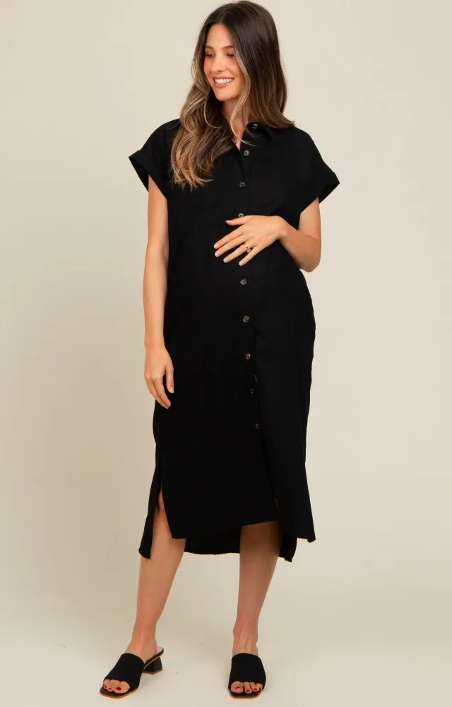 Black Corduroy Button Down Maternity Midi Dress