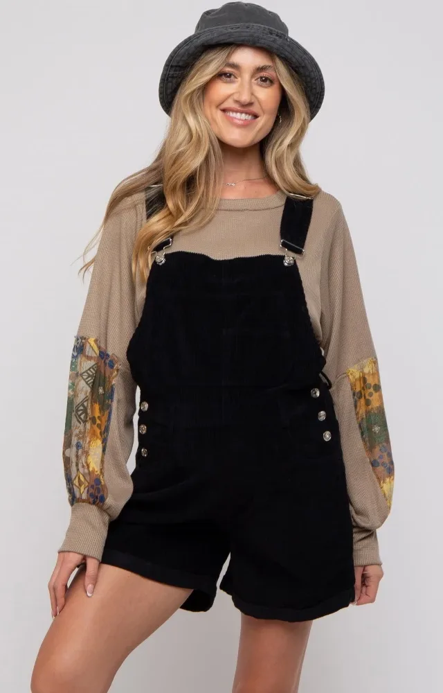 Black Corduroy Maternity Short Overalls