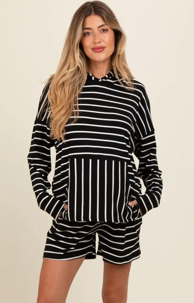 Black Cozy Striped Ribbed Two-Piece Maternity Lounge Set