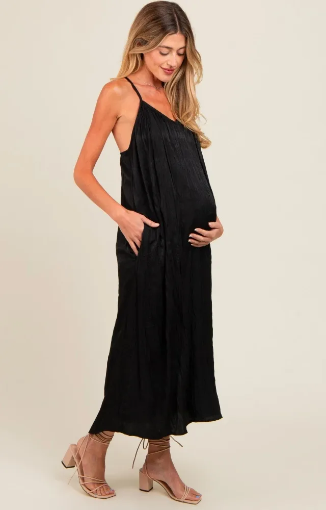 Black Crinkle V-Neck Cross Back Maternity Midi Dress