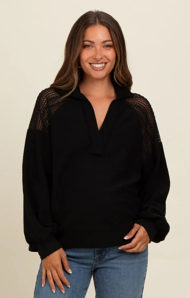 Black Crochet Detail Collared Maternity Pullover