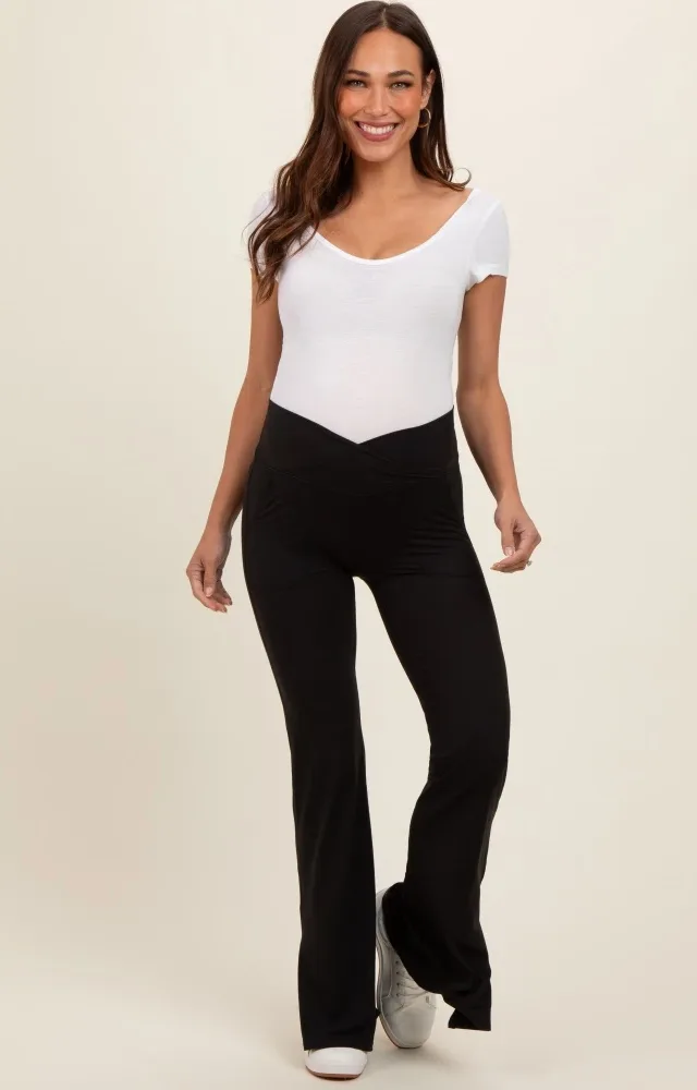 Black Crossover Waist Maternity Flared Leggings