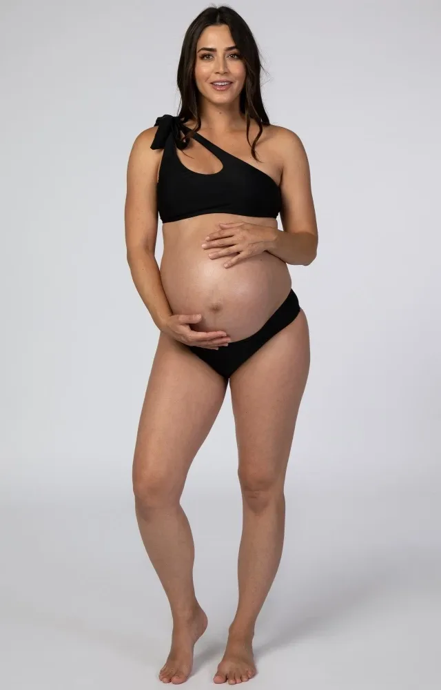 Black Cutout One Shoulder Maternity Bikini Set