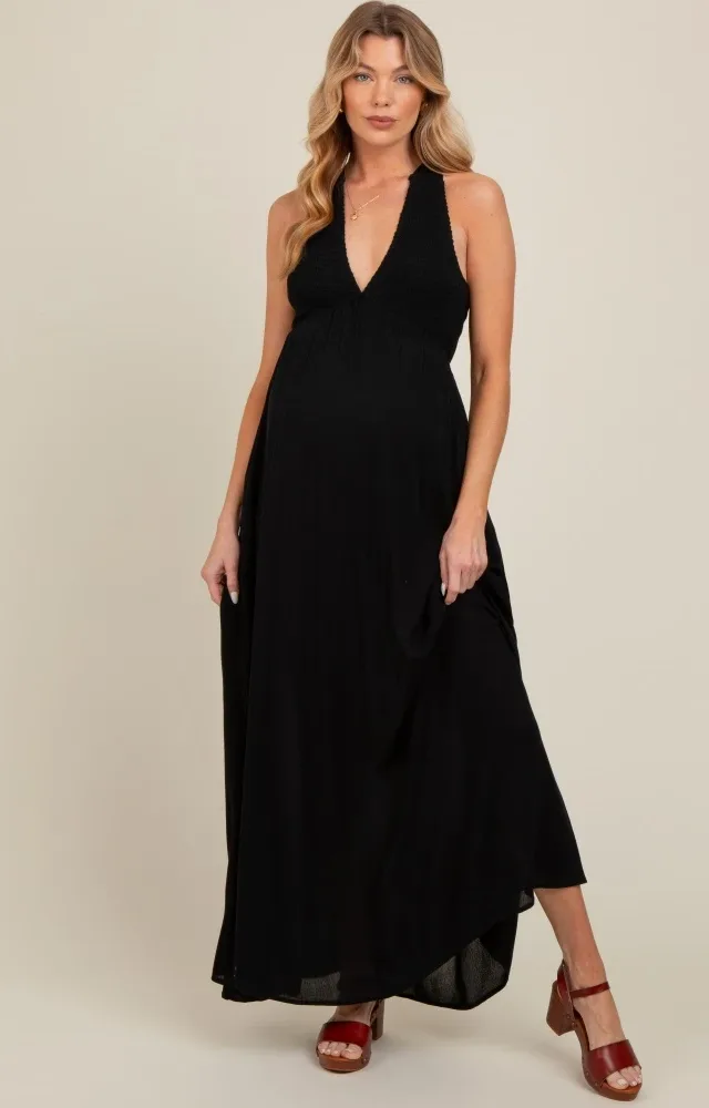 Black Deep V-Neck Cross Back Maternity Maxi Dress