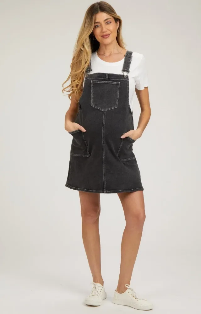 Black Denim Maternity Overall Dress