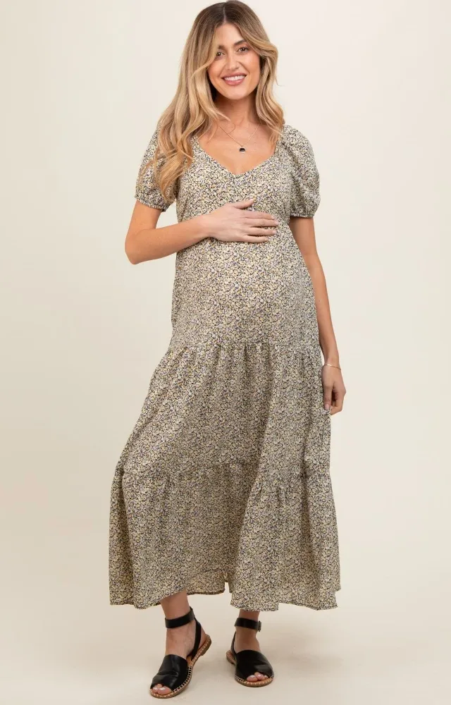 Black Ditsy Floral Tiered Maternity Midi Dress