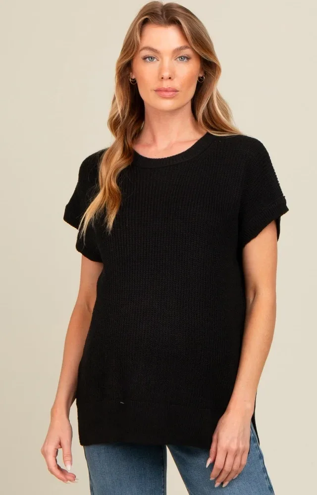 Black Dolman Short Sleeve Side Slit Maternity Sweater Top