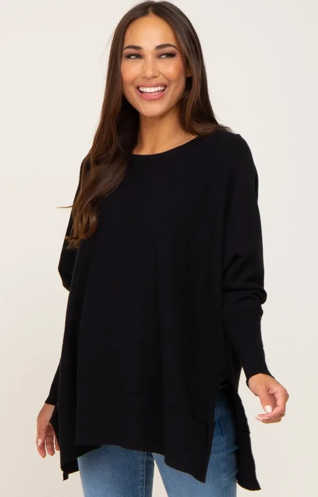 Black Dolman Sleeve Side Slit Maternity Sweater