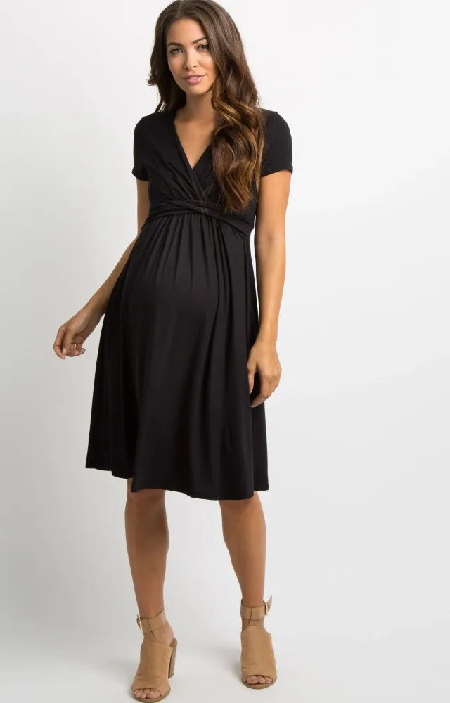 Black Draped Front Maternity Dress