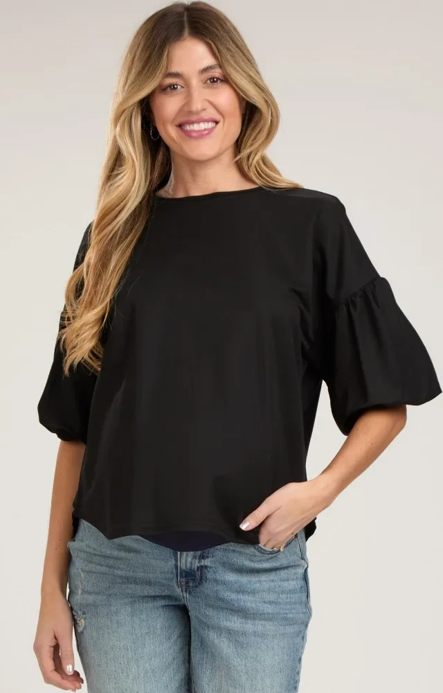 Black Drop Shoulder Puff Sleeve Maternity Top